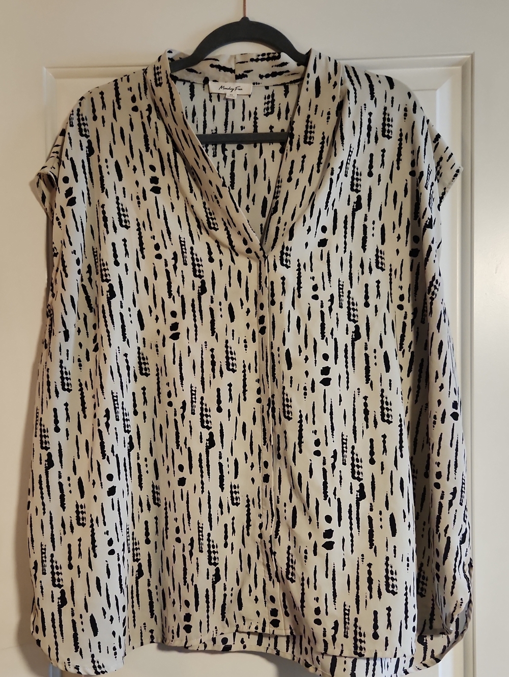 V-Neck Cream Blouse with Black Abstract Print